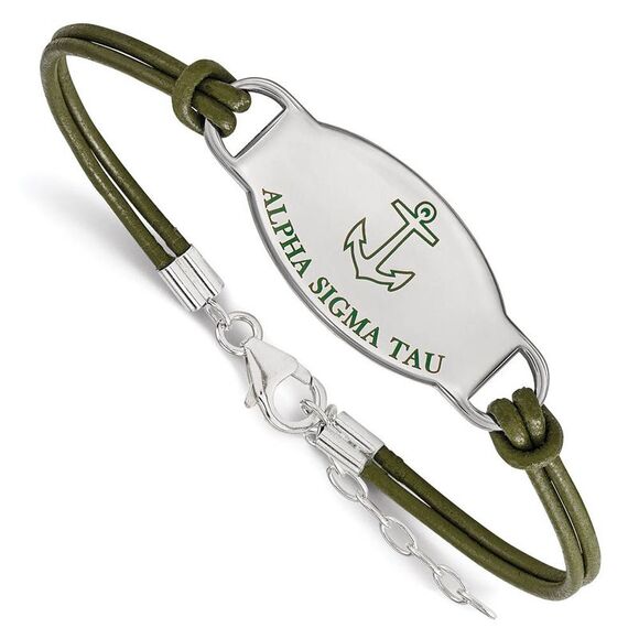 Sterling Silver Alpha Sigma Tau Enamel Olive Leather Bracelet - 7 in. - Picture 1 of 4